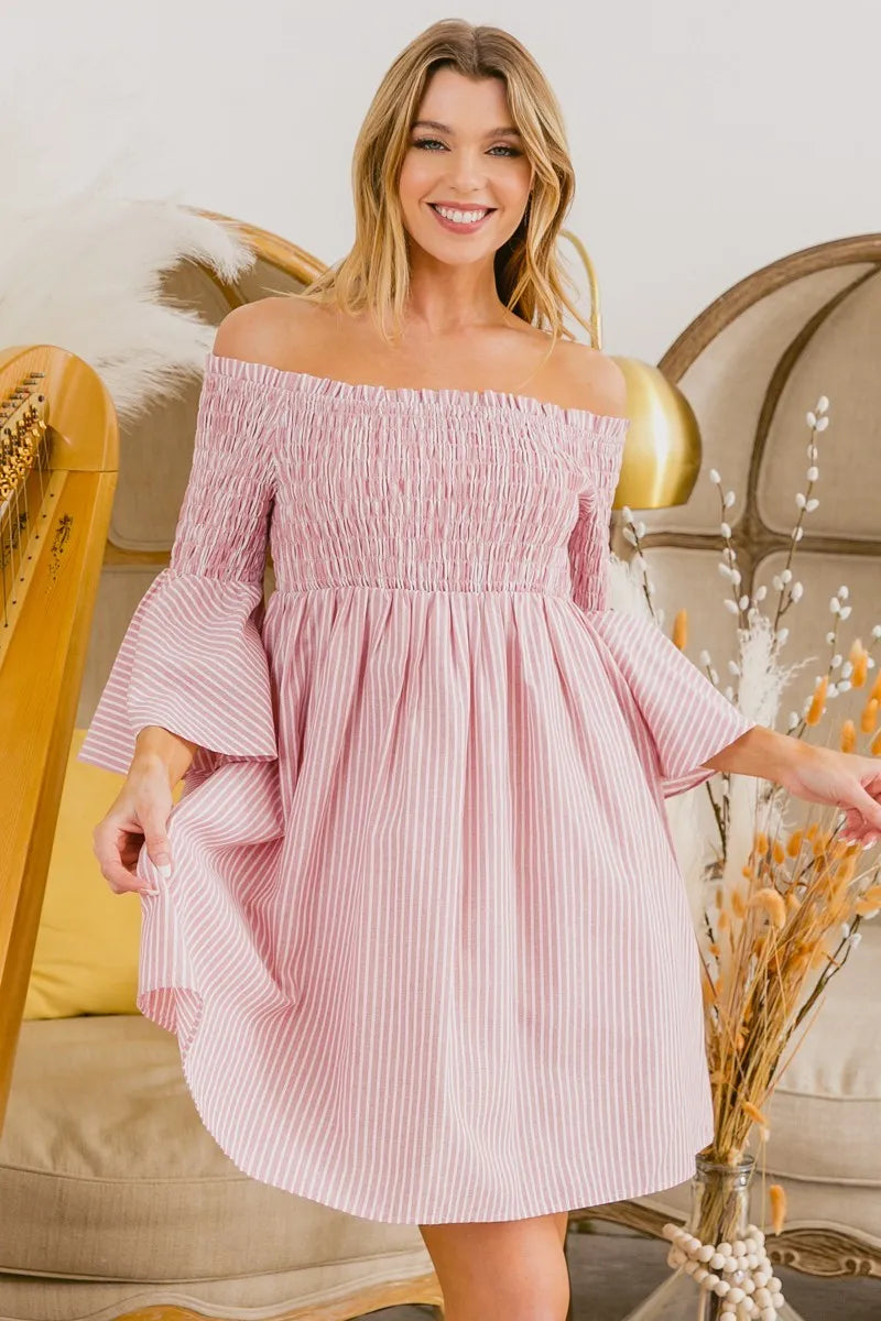 BiBi Smocked Off Shoulder Striped Dress