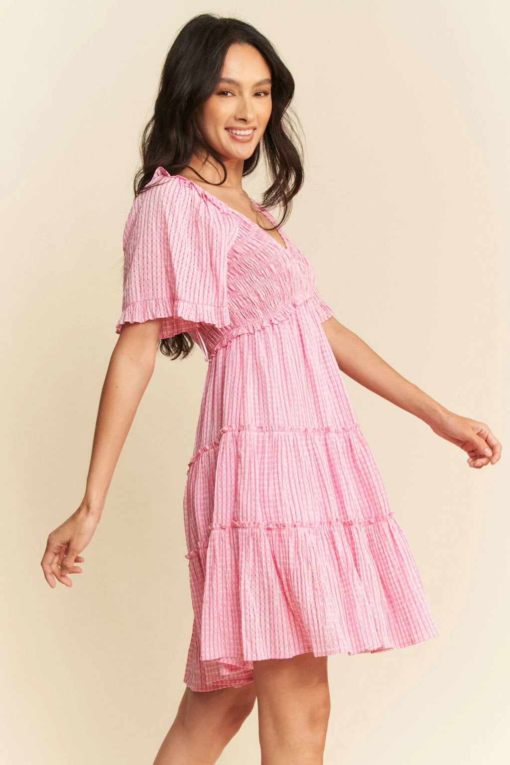 Davi & Dani Jacquard Checker Smocking Tiered Dress in Pink