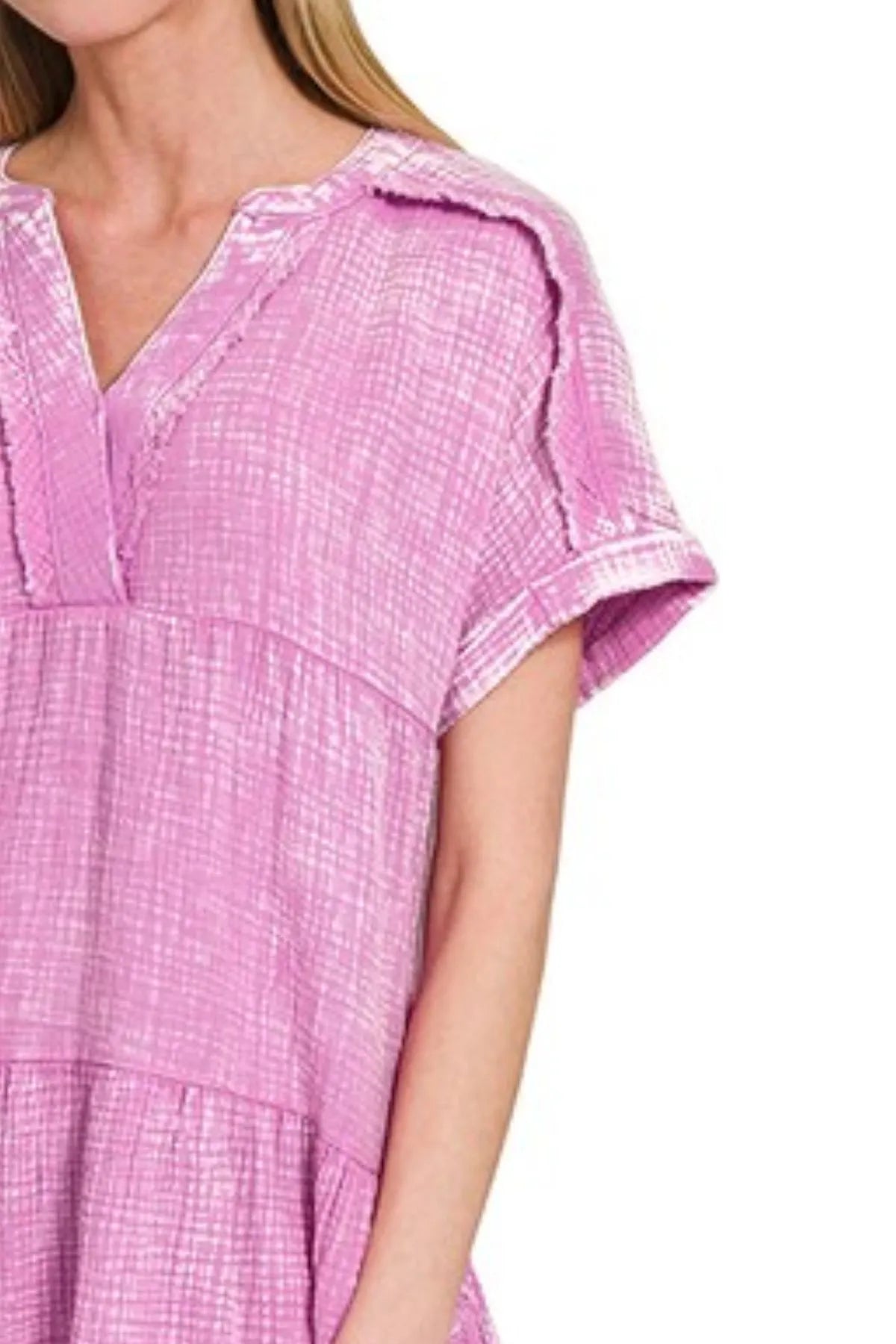 Zenana Washed Double Gauze Raw Edge V-neck Dress in Mauve