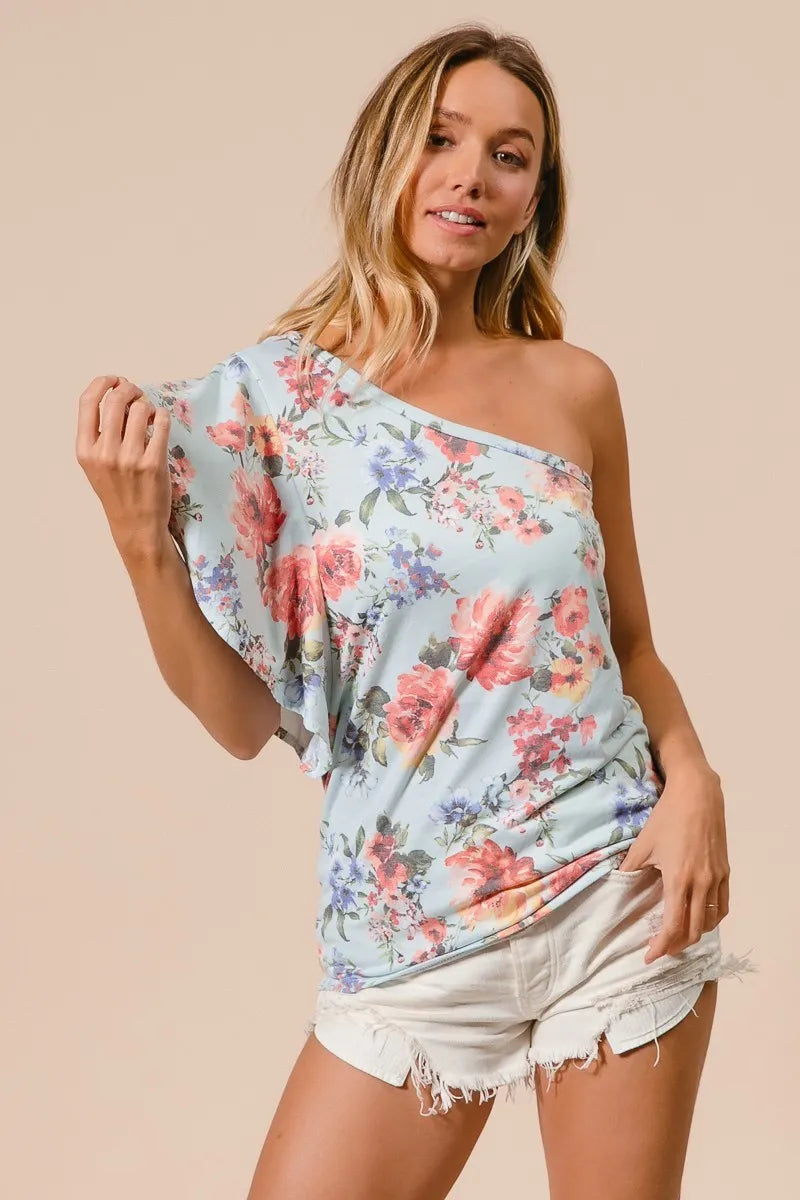 BiBi Floral Printed Jersey Knit Ruffle Sleeve Top