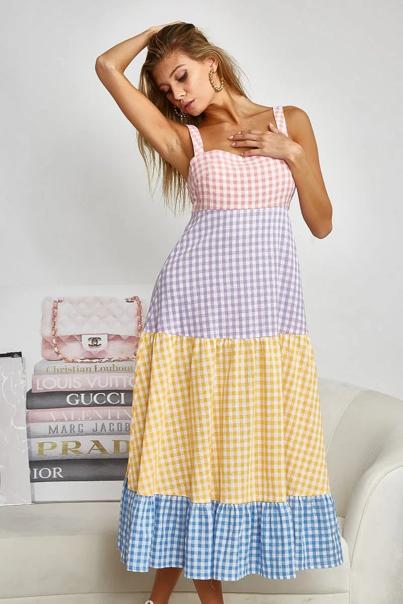 BiBi Color Block Tiered Gingham Dress