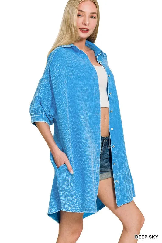 Zenana Washed Double Gauze Button Down Shirt Dress in Sky