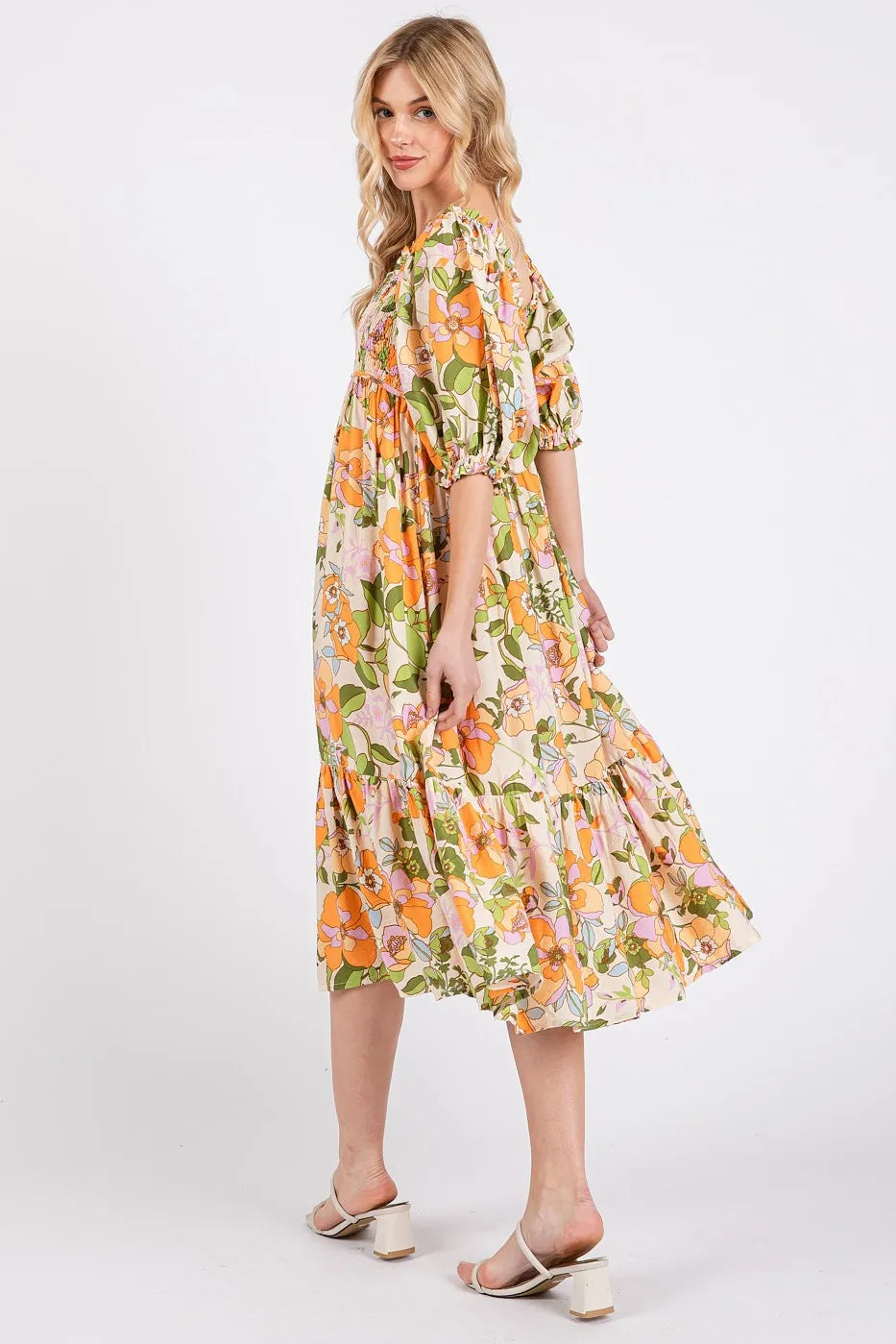 Mittoshop Flower Print Puff Sleeve Ruffle Smocked Midi Dress