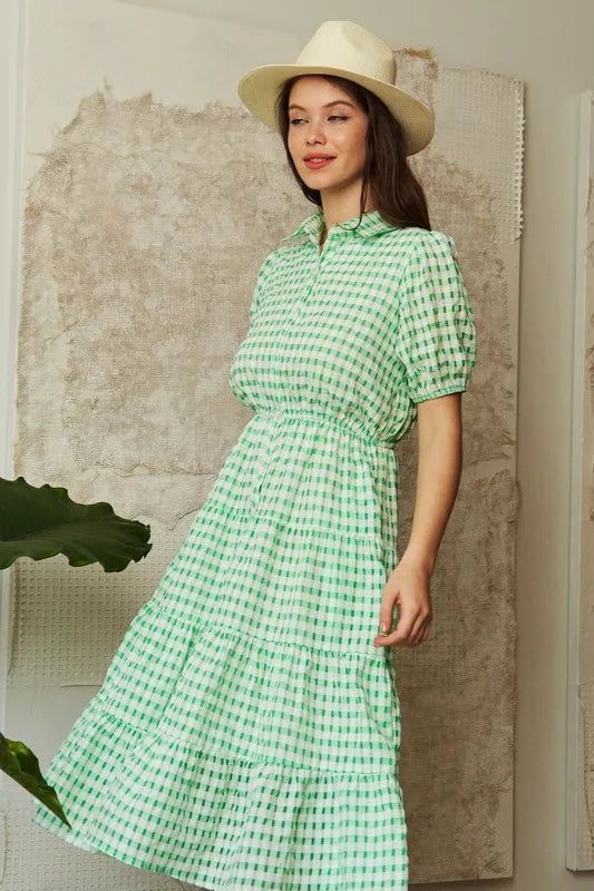 Davi & Dani Checkered Puff Sleeve Tiered Shirt Dress