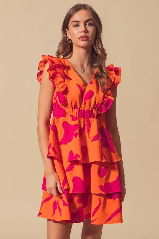 SO ME Floral V Neck Layered Dress with Elasticized Waist