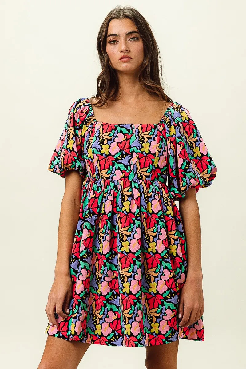 BiBi Floral Print Puff Square Neck Dress