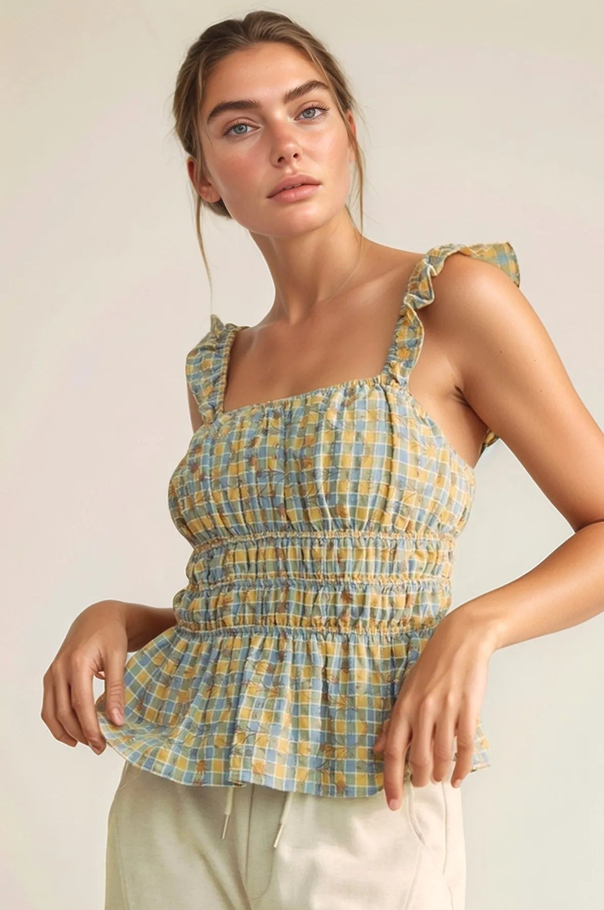 Davi & Dani Plaid Ruffled Strap Smocked Sleeveless Top