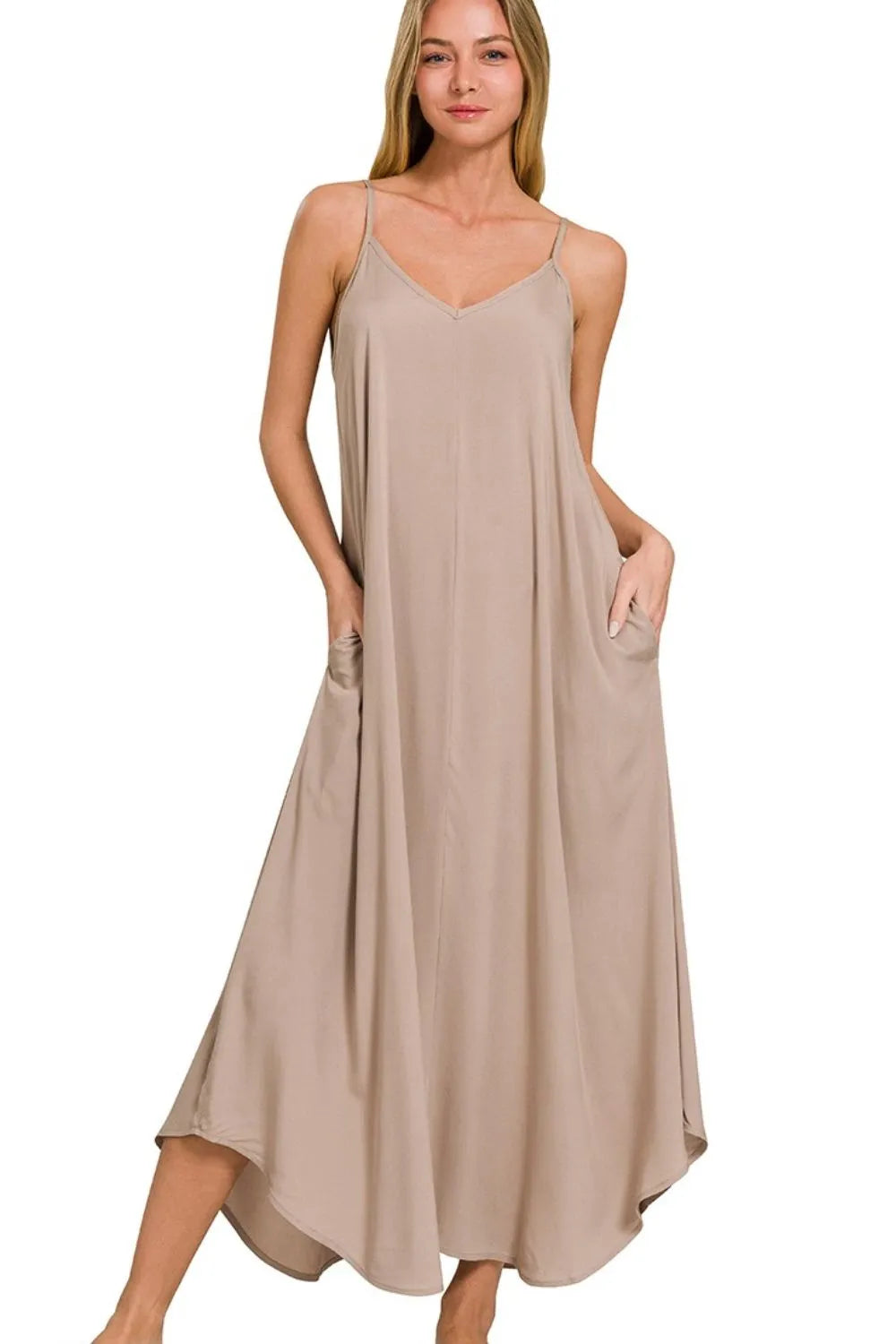 Zenana Woven Arc Hem Cami Dress With Flowy Pockets in Mocha