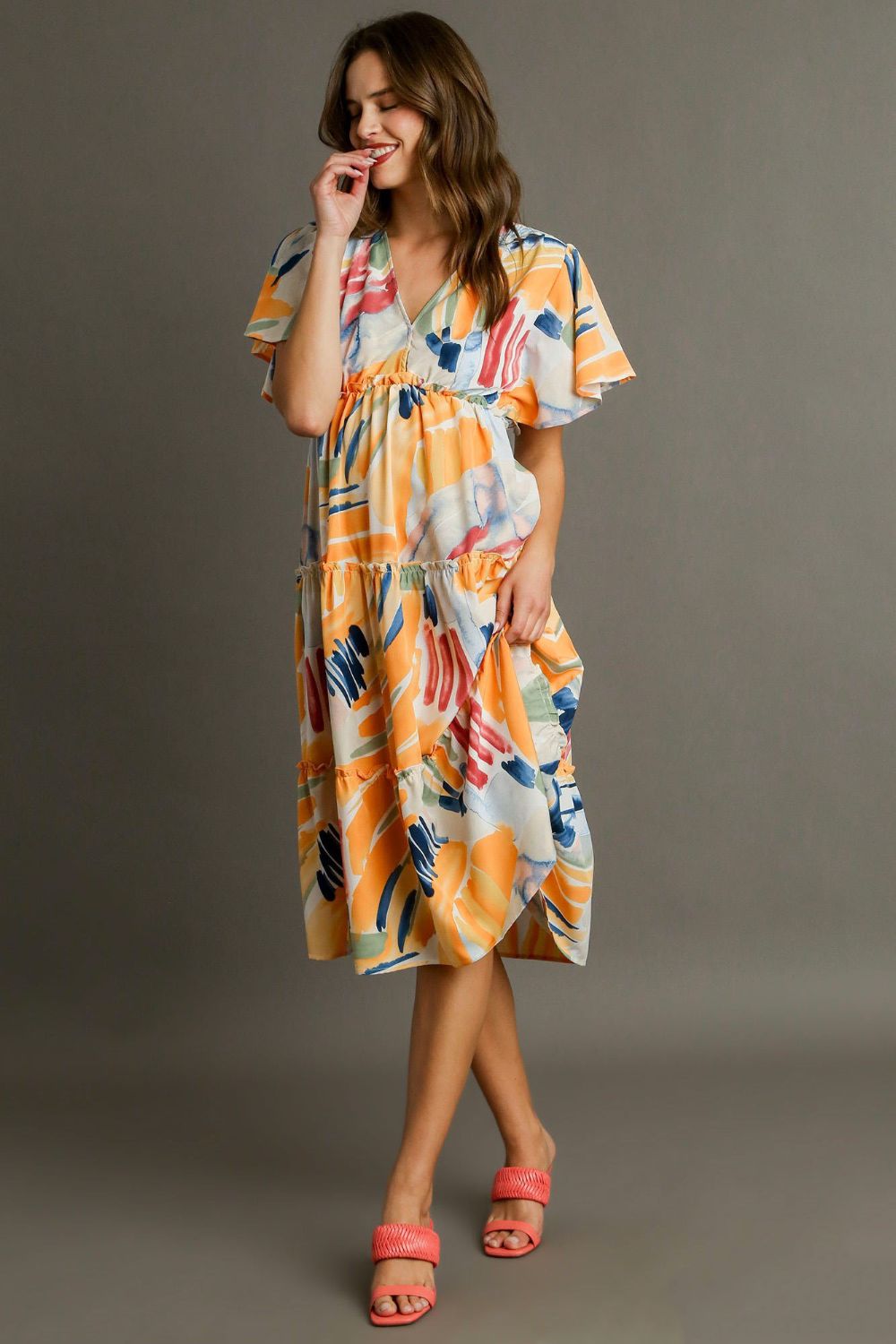 Umgee Full Size Abstract Print Flutter Sleeve Frill Tiered Midi Dress