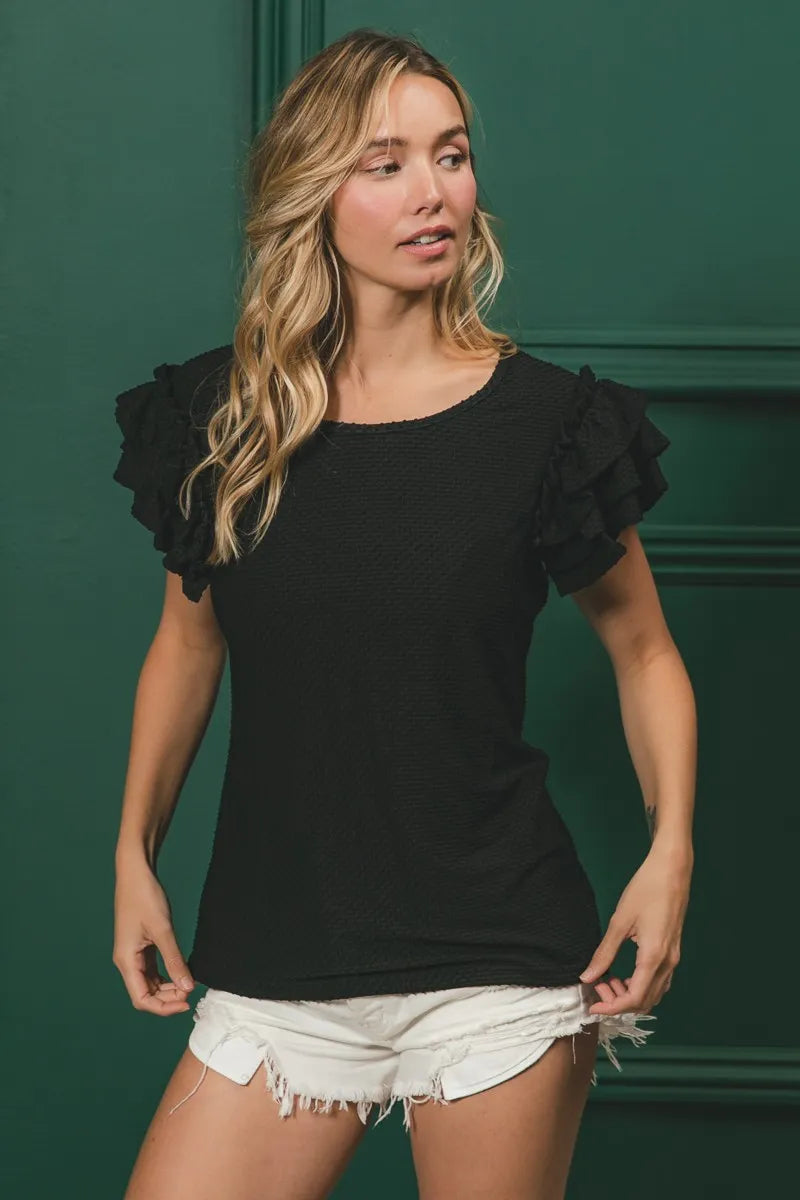 BiBi Birdseye Texture Layered Ruffle Top in Black