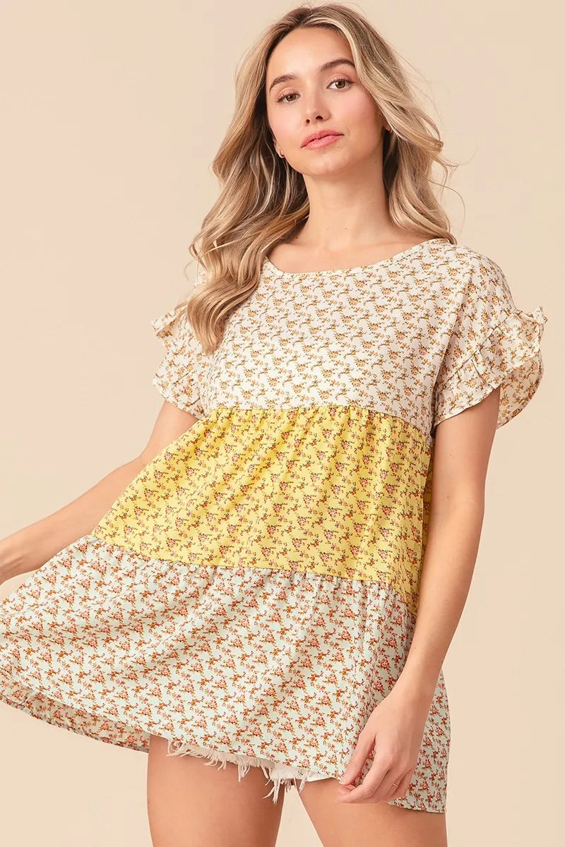 BiBi Flroal Printed Woven Color Block and Tiered Top in Yellow
