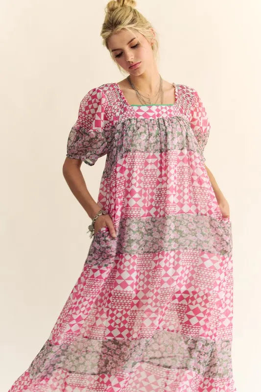 Davi & Dani Multi Floral Square Neck Puff Sleeve Maxi Dress in Pink