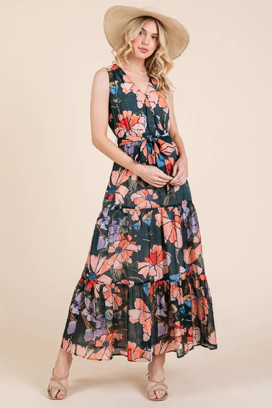 Lime 'N' Chili Floral Print Sleeveless Tie Waist Maxi Dress in Mutli