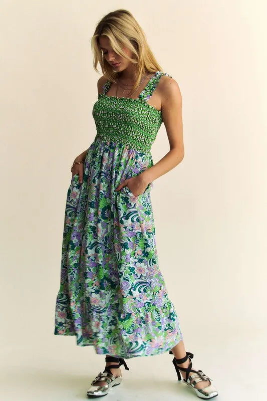 Davi & Dani Multi Smocked Bodice Geo Ruffle Strappy Midi Dress