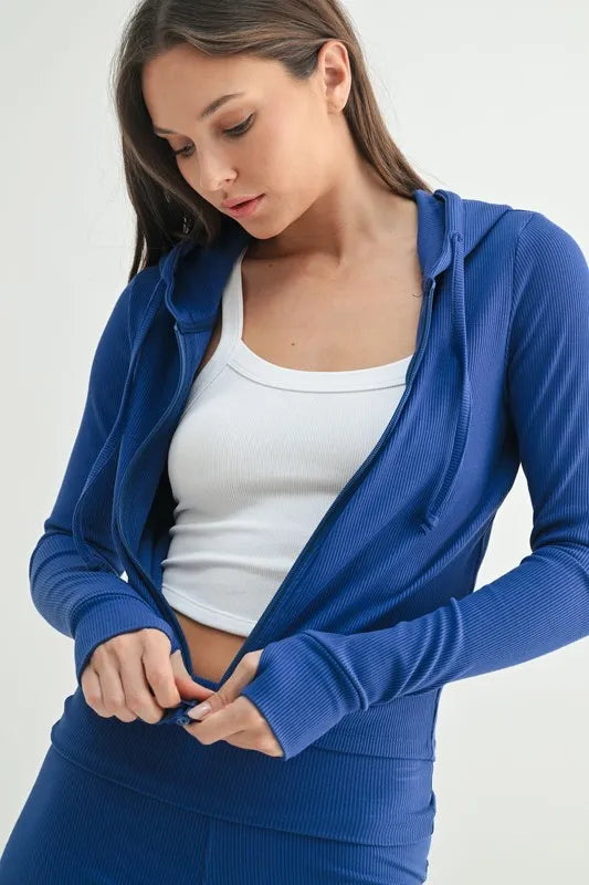 MONO B Ribbed Long Sleeve Hoodie in Blue