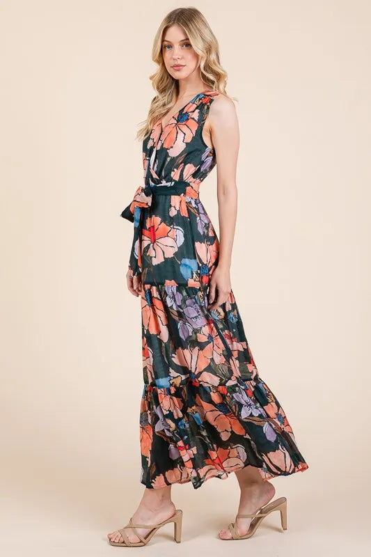 Lime 'N' Chili Floral Print Sleeveless Tie Waist Maxi Dress in Mutli