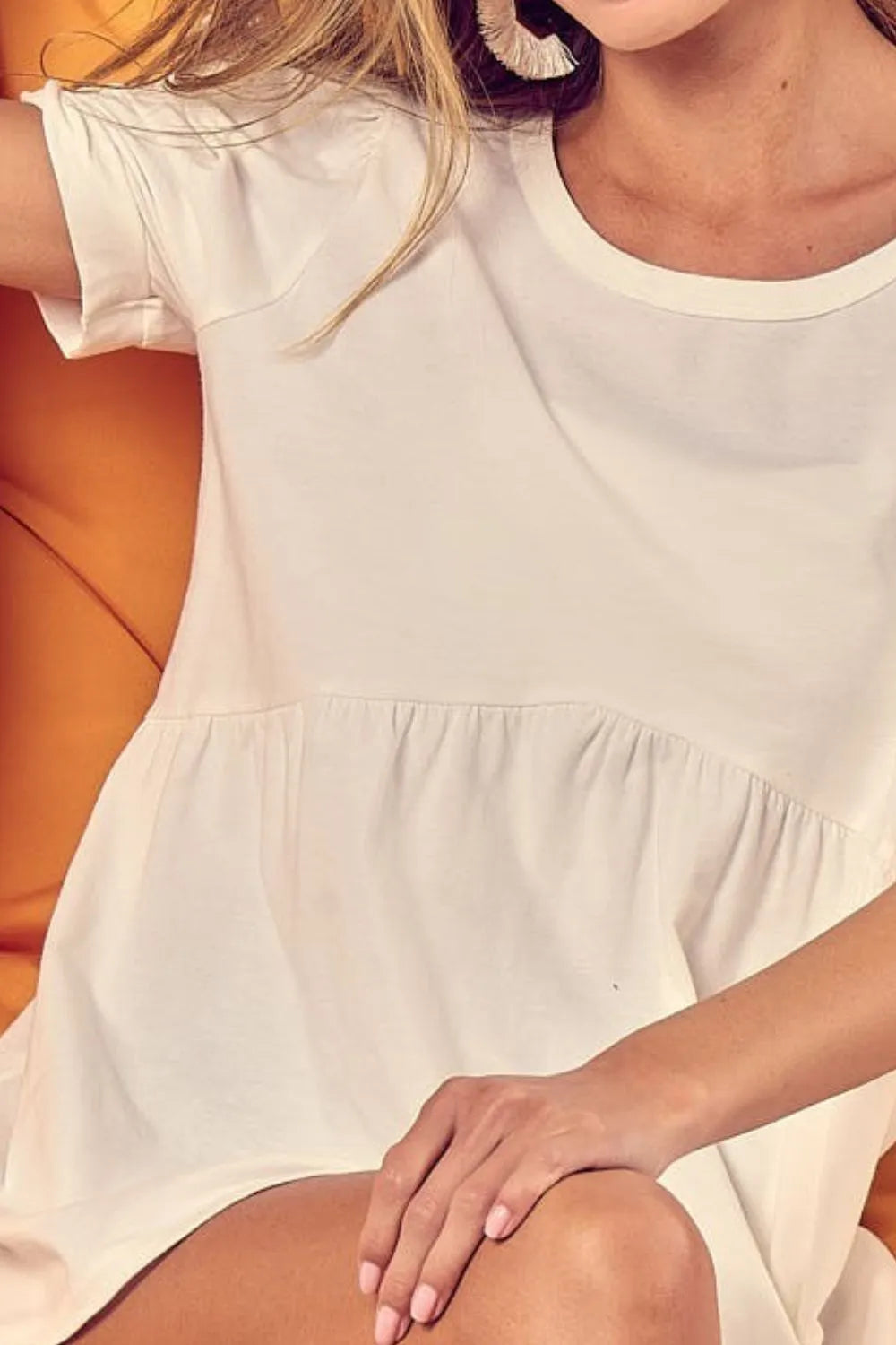 BiBi Cotton Span Knit with Puff Sleeve Baby Doll Top in Cream