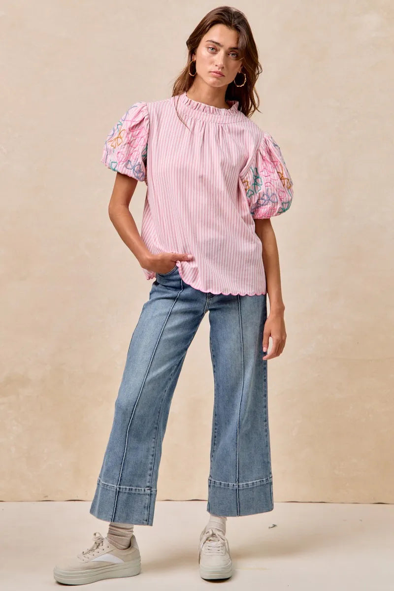 BiBi Embroidery Bubble Sleeve Top With Bottom Scallop Detail
