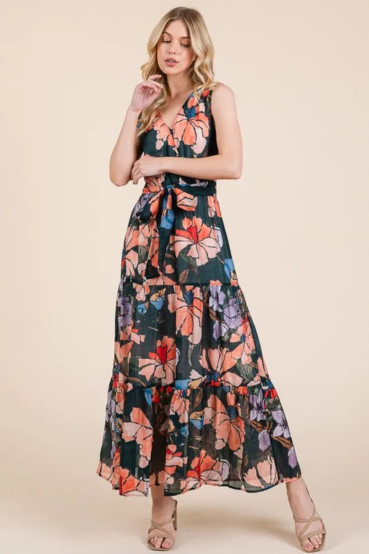 Lime 'N' Chili Floral Print Sleeveless Tie Waist Maxi Dress in Mutli