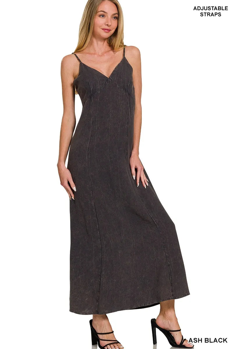 Zenana Mineral Washed Rayon Challis Cami Dress in Black