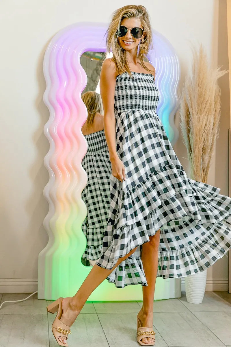 BiBi Smocked Body Off Shoulder Check Dress