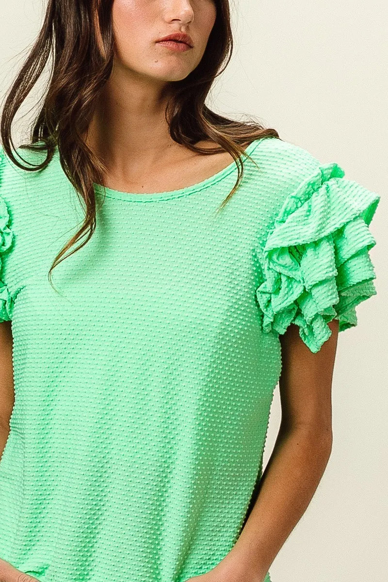 BiBi Birdseye Texture Layered Ruffle Top in Sage