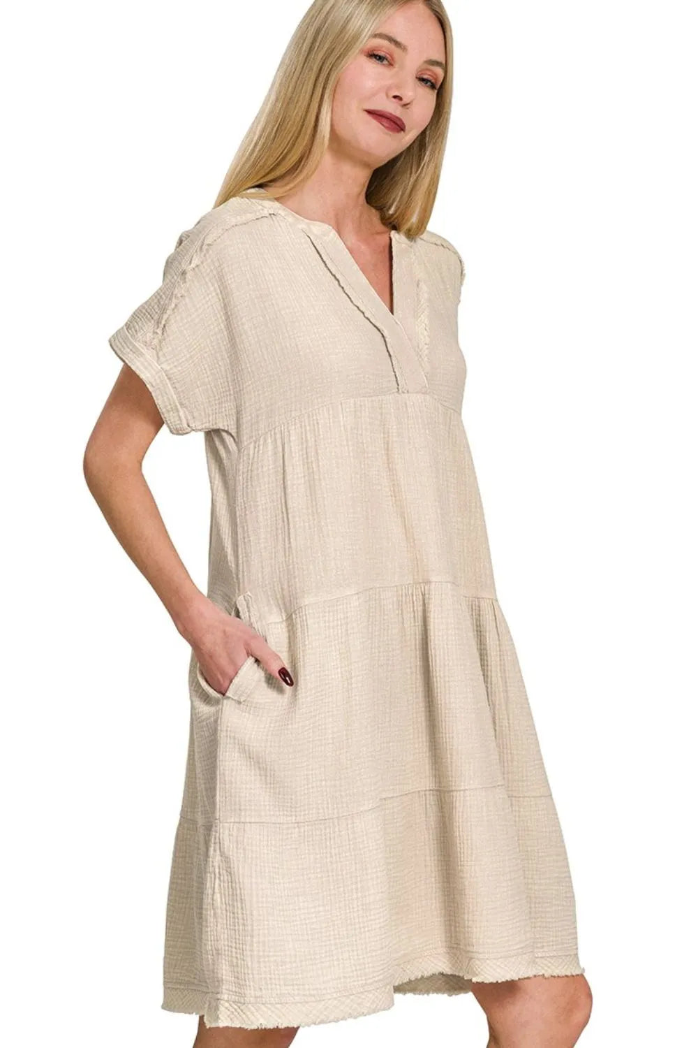 Zenana Washed Double Gauze Raw Edge V-neck Dress in Beige