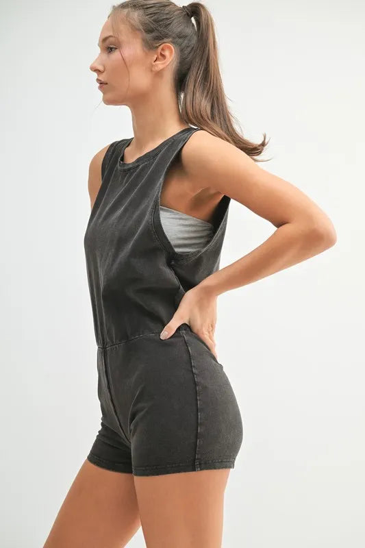 MONO B Mineral Wash Vintage Romper in Black