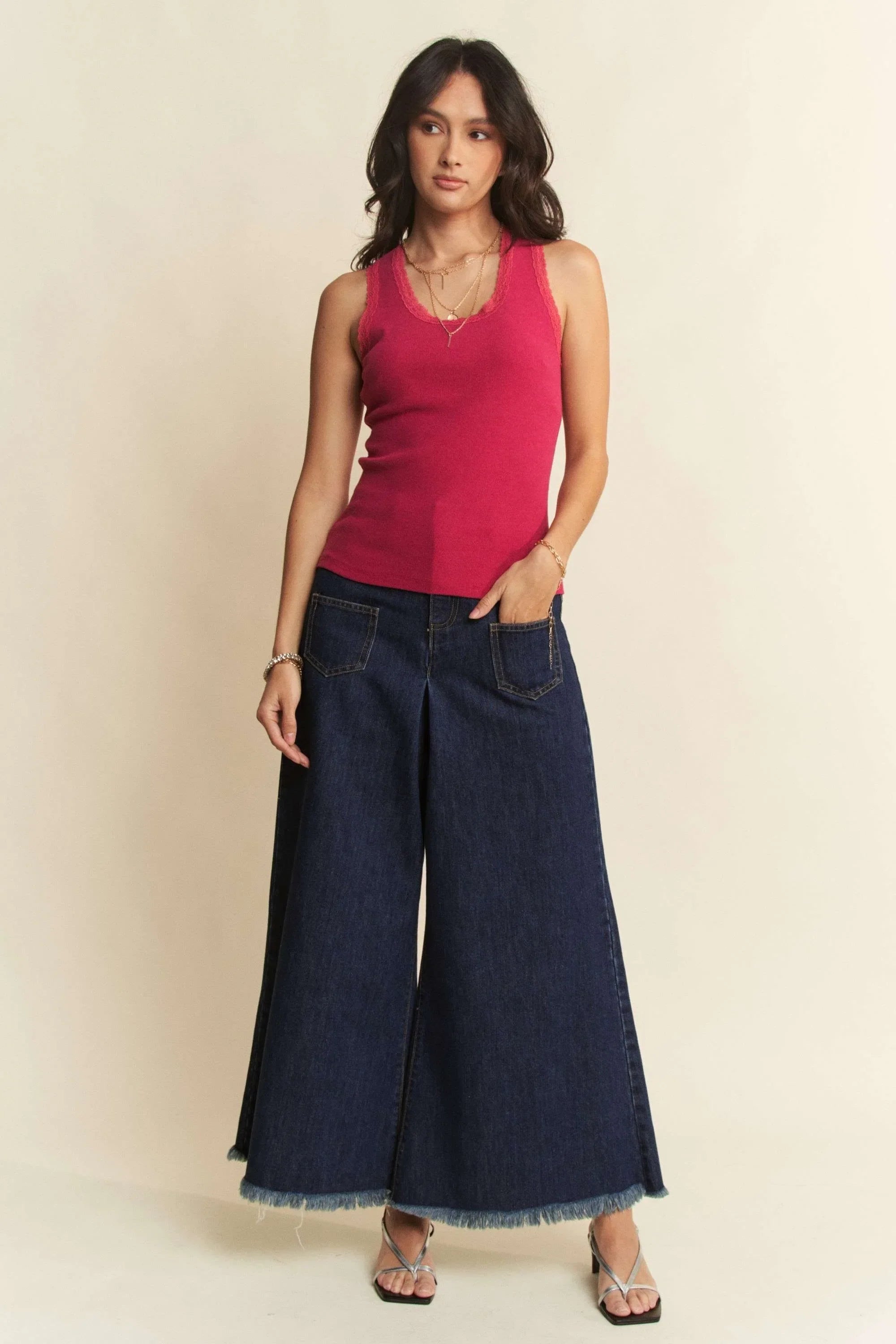 Davi & Dani Patch Pocket Wide Leg Culotte Jeans
