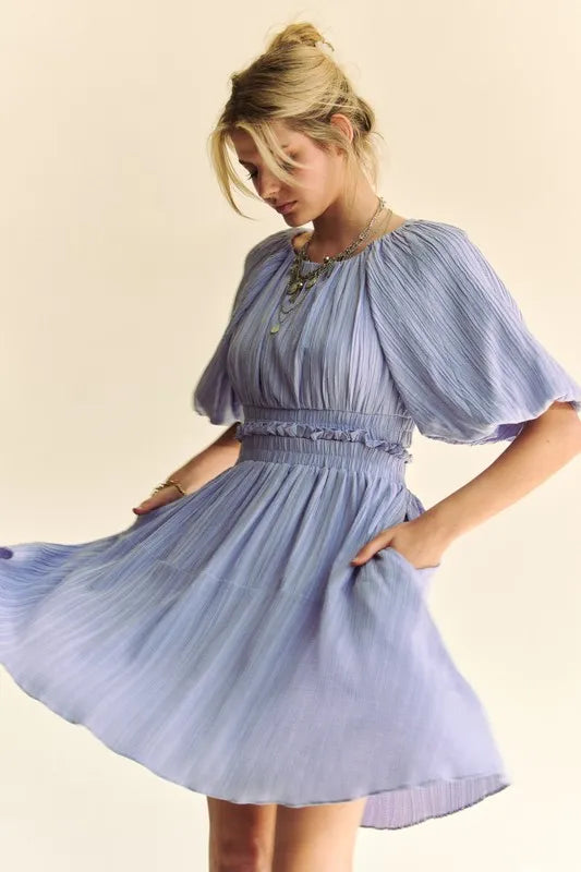 Davi & Dani Back Button Puff Sleeve Mini Dress in Lavender