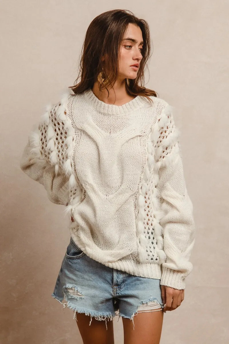BiBi Faux Fur Detailed Pointelle Cable Knit Sweater