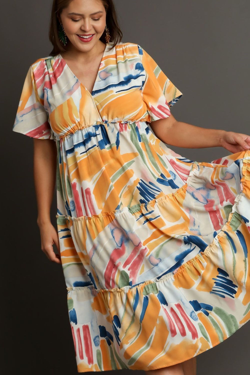 Umgee Full Size Abstract Print Flutter Sleeve Frill Tiered Midi Dress