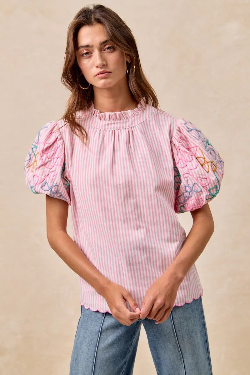 BiBi Embroidery Bubble Sleeve Top With Bottom Scallop Detail