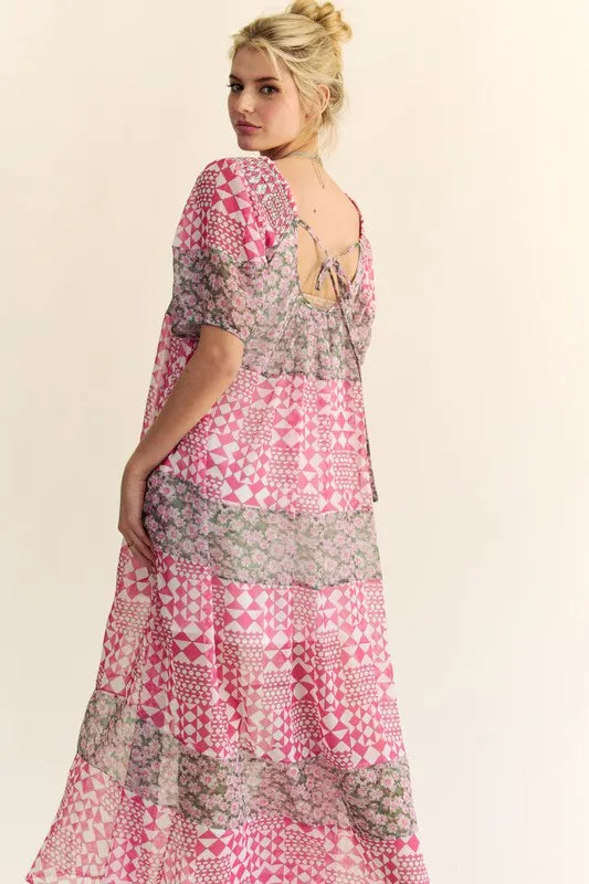 Davi & Dani Multi Floral Square Neck Puff Sleeve Maxi Dress in Pink