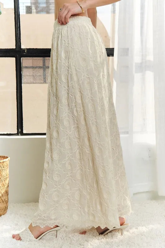 ADORA Elastic Waist Applique Maxi Skirt in Beige