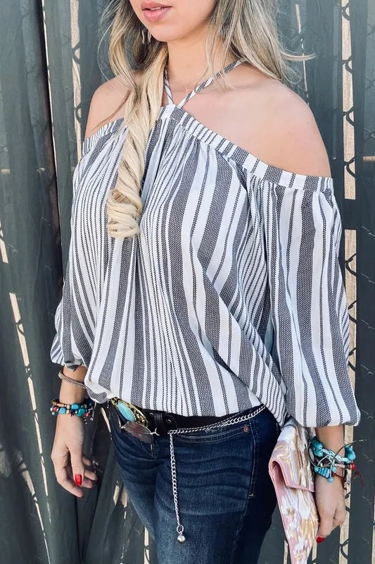 And The Why Stripe Printed Cold Shoulder Halter Neck Top