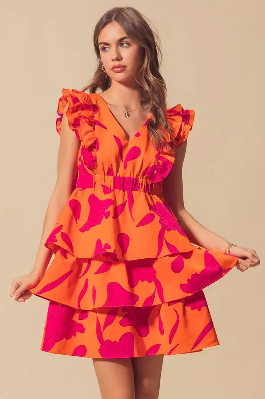 SO ME Floral V Neck Layered Dress with Elasticized Waist