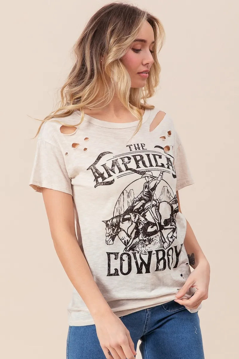 BiBi Cotton Slub Laser Top American Cow Boy Graphic in Taupe