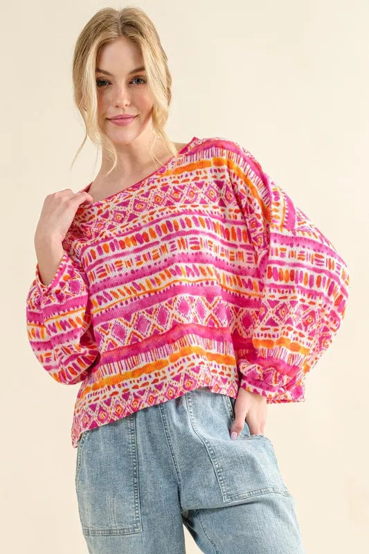 And The Why Cozy Textured Printed Casual Top in Coral