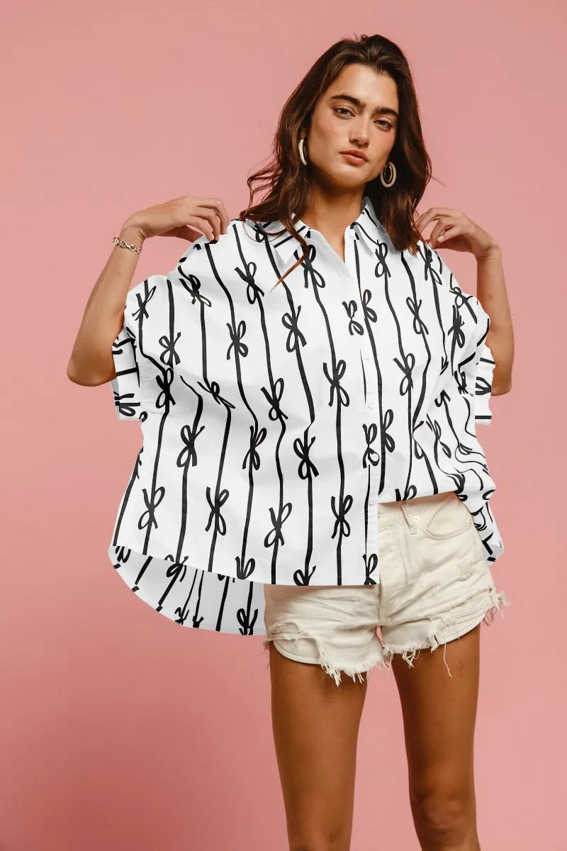BiBi Bow Ribbon Woven Printed Button Down Shirt