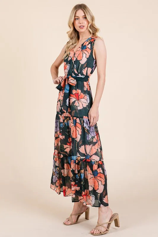 Lime 'N' Chili Floral Print Sleeveless Tie Waist Maxi Dress in Mutli