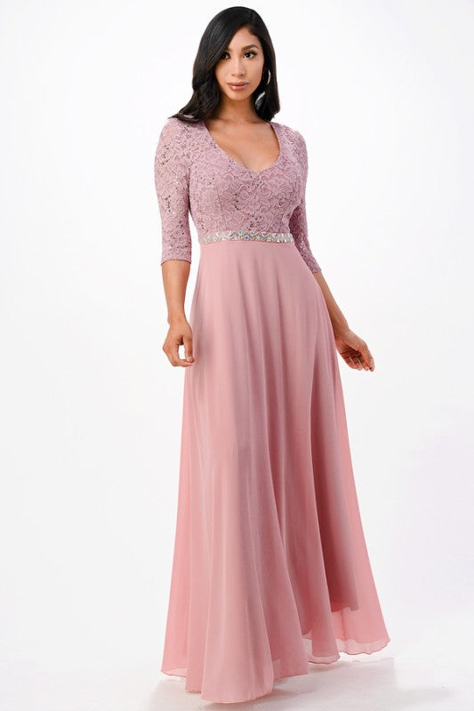 La Scala Chiffon A-Line Dress with Rhinestone Embellishment