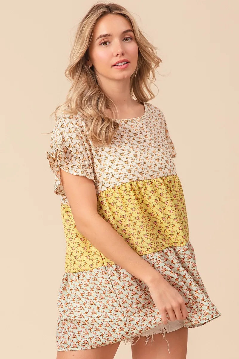 BiBi Flroal Printed Woven Color Block and Tiered Top in Yellow