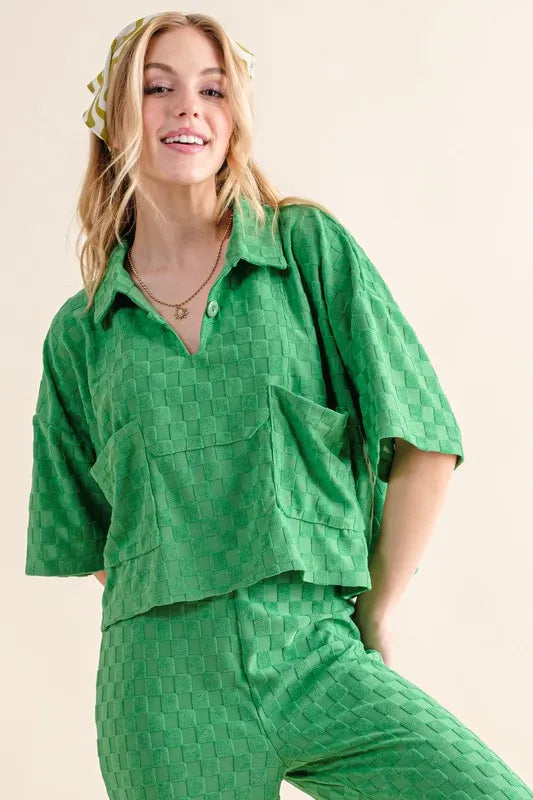 And The Why Brushed Texture Checker Board Pattern Casual Top in Green
