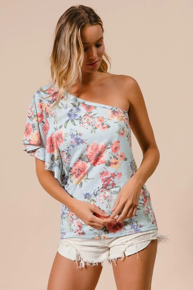 BiBi Floral Printed Jersey Knit Ruffle Sleeve Top