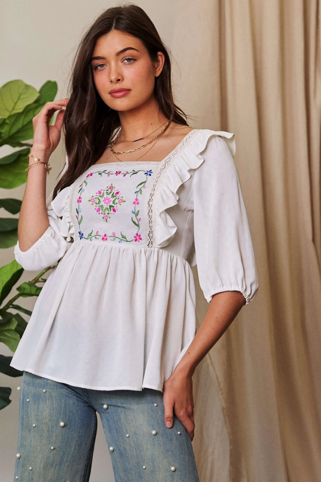 Davi & Dani Texture Tie Back Floral Embroidery Frill Blouse