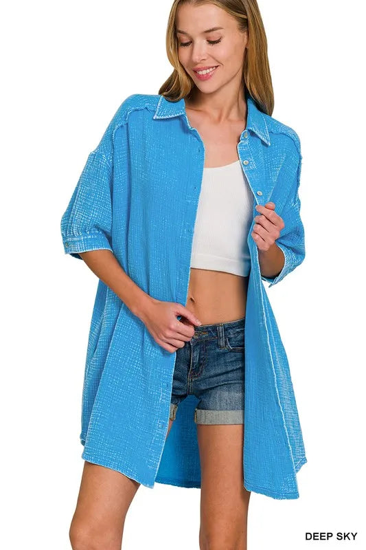 Zenana Washed Double Gauze Button Down Shirt Dress in Sky