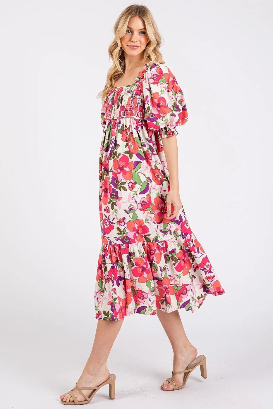 Mittoshop Flower Print Puff Sleeve Ruffle Smocked Midi Dress in Fuchsia
