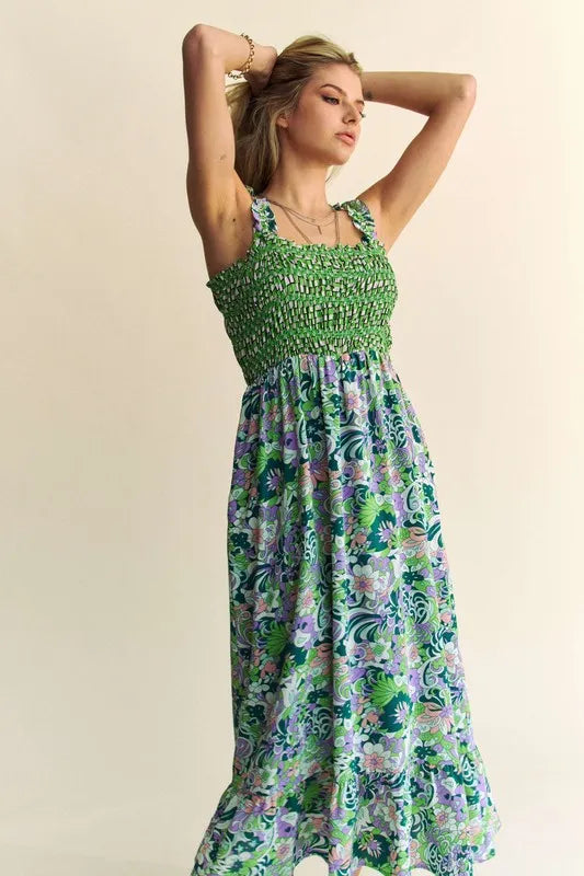 Davi & Dani Multi Smocked Bodice Geo Ruffle Strappy Midi Dress