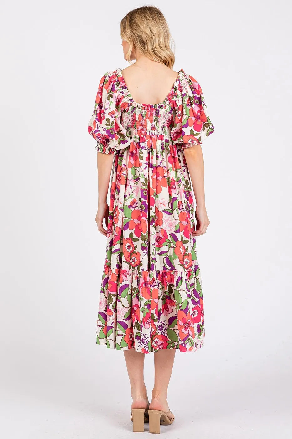 Mittoshop Flower Print Puff Sleeve Ruffle Smocked Midi Dress in Fuchsia